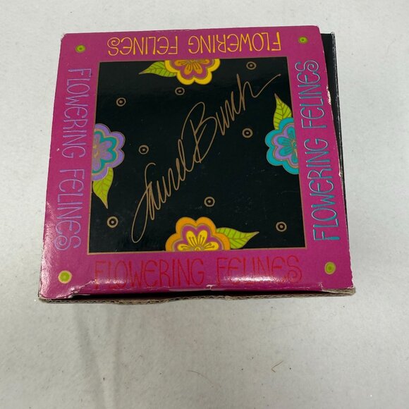 Laurel Burch Flowering Felines Cup 1993 Black Coffee Mug Colorful Cat Design Box - Picture 8 of 12